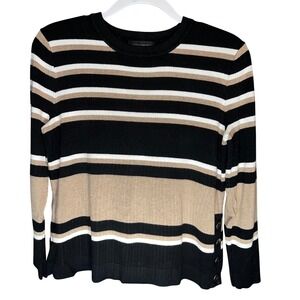 INVESTMENTS PETITES Black Tan White Striped Button Side Sweater PM